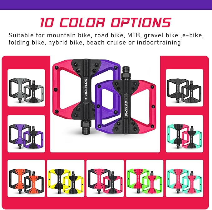 BUCKLOS MTB Flat Pedals Mountain Bike Pedals, 3 Bearings CNC Adult Road Bike Pedals, Bicycle Platform Aluminum Alloy Non-Slip Pedal for Gravel Bike/BMX 9/16"(Black)