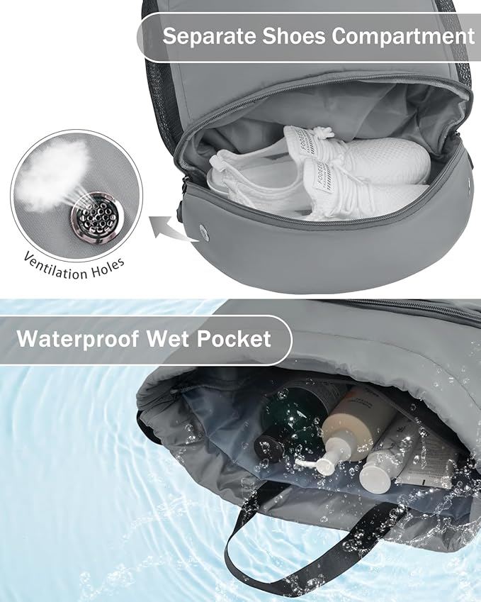Drawstring Backpack Gym Backpack with Shoe Compartment for Men Women String Sports Bag with Wet Pocket Cinch Swim Beach Bag, Gray (Patent Pending)