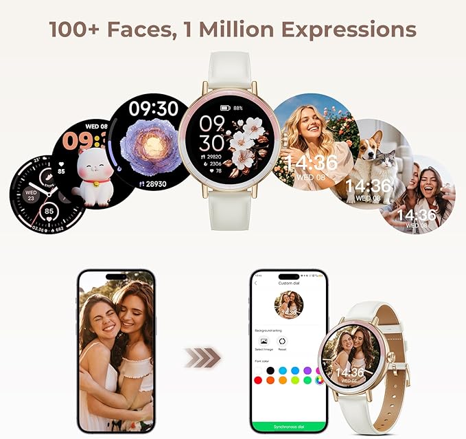 Smart Watches for Women, 1.27'' HD Round Ladies Fitness Trackers with Heart Rate/SpO2 Monitor Sleep/Calorie/Step Tracker 100+ Sports Modes IP68 Waterproof for Android/iOS, Rose Gold/Off White