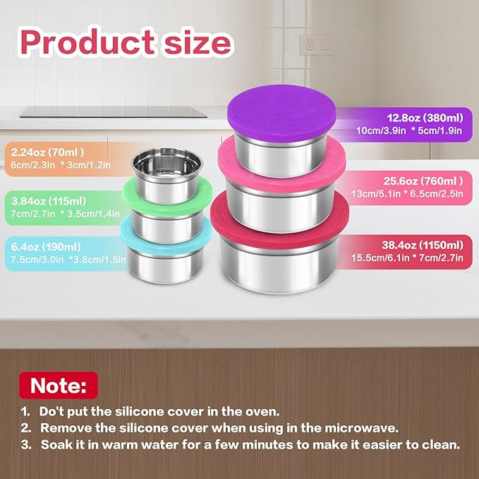 6 Pack Reusable Stainless Steel Snack Containers with Lids Set, Round Nesting Salad Dressing Container To Go, Metal Food Containers for Lunch Box Meal Prep (Size 38oz, 25oz, 12oz, 6.4oz, 3.8oz, 2.2oz)