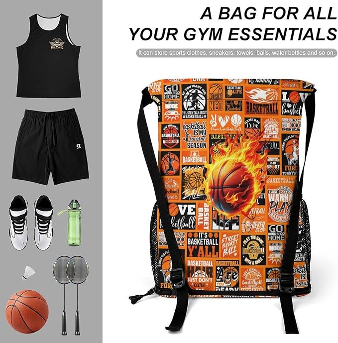 Custom Basketball Drawstring Backpack - Cool Cinch Sack, String Backpacks with Pocket for Kids Women Men Boys Girls for Gym Outdoor Sports Travel Athletic Drawstring Bag - Lightweight/Foldable