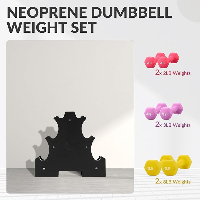 Neoprene Dumbbell Set for Women 2-5 lb | 3 Pairs Hand Weights Set with Rack, Hex Anti-Roll, Color-Coded Home Gym Gifts