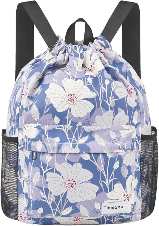 Drawstring Backpack Sports Gym Sackpack with Mesh Pockets String Cinch Beach Bag for Men Women(Blue Flower)