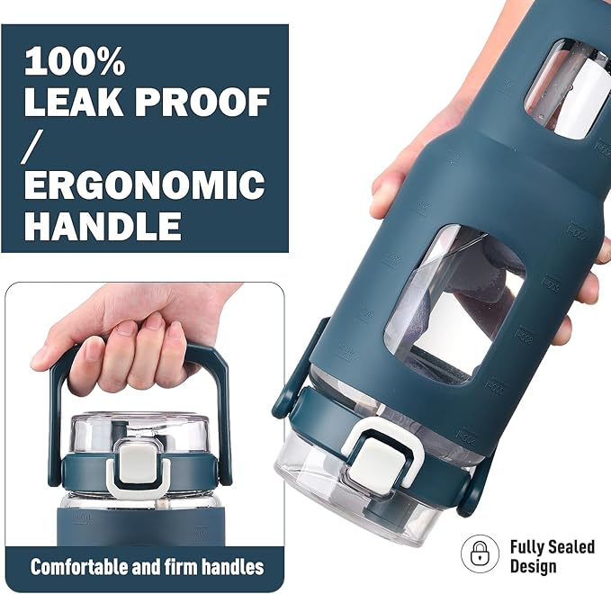 BLUEGO 40oz Glass Tumbler with Lid and Straw, Glass Water Bottles with Handle, Glass Cup with Time Marker and Silicone Sleeve, Fits Most Cup Holder, Leak-proof, Dark Blue