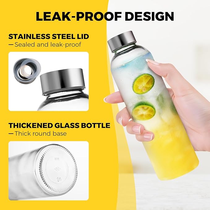 Set of 6 Clear Glass Water Bottles with Lid 14oz for Juicing Reusable Bottle Glass Cup with Stainless Steel for Juicing, for Halloween Refrigerator 100% Leak Proof Drinking Jar, BPA Free