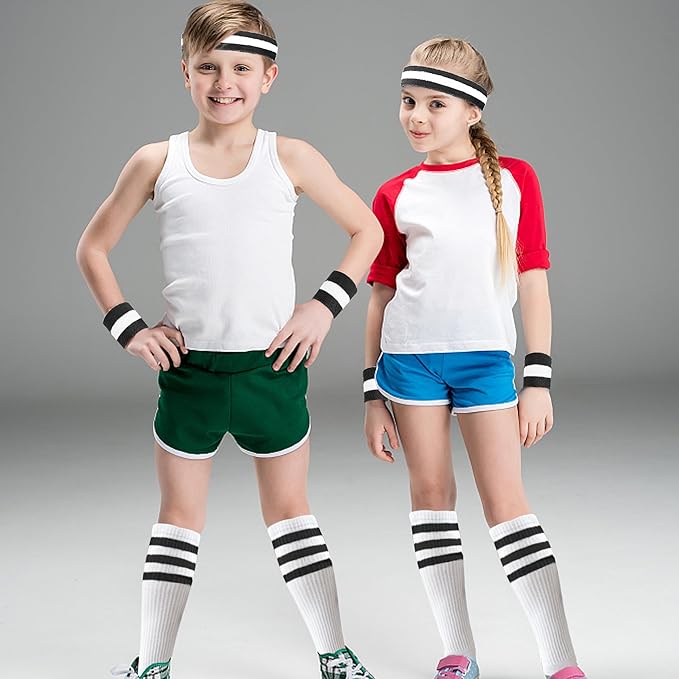 10 Pieces Striped Sweatbands and Striped Socks Set Headbands Wrist Sweat Bands for Men and Women Sports 80s 90s Fitness