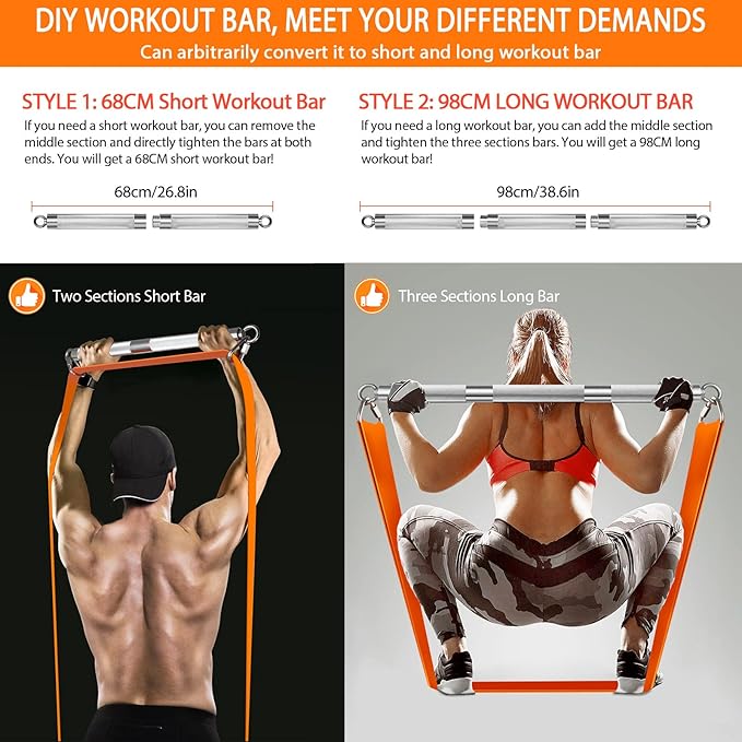 DASKING Detachable Resistance Bands Bar 30"/35.4"/38.5" Length Max Load 500LBS for Home Gym Full Body Workout Fitness Bar