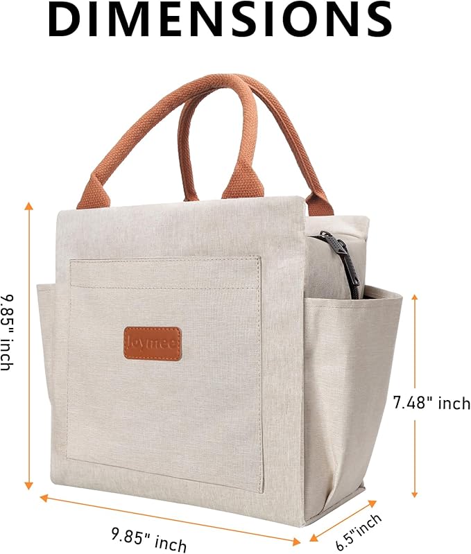 Joymee Lunch Bag Women Insulated Lunch Box Reusable Leakproof Large Spacious Cooler Tote for Women Men Adult with Bottle Holder and Side Pockets for Work Office Travel Picnic - Beige