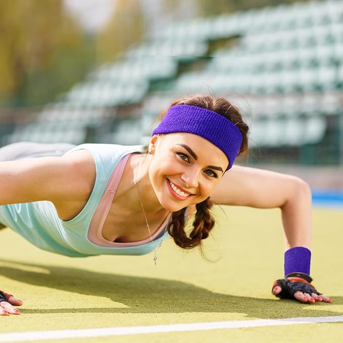 Civaner 12 Pcs 80s 90s Sweatbands Neon Headbands Wristbands for Men Women Party Sports Cotton Headbands Terry Cloth Athletic Sweat Bands for Tennis Football Gym Workingout Accessories