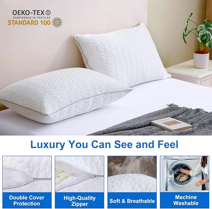 Cooling Pillows King Size Set of 4, Shredded Memory Foam Pillows, Adjustable Firm Bed Pillows Cool Cold Pillow for Hot Side Back Stomach Sleepers with Removable Washable Cover, 20" x 36", White