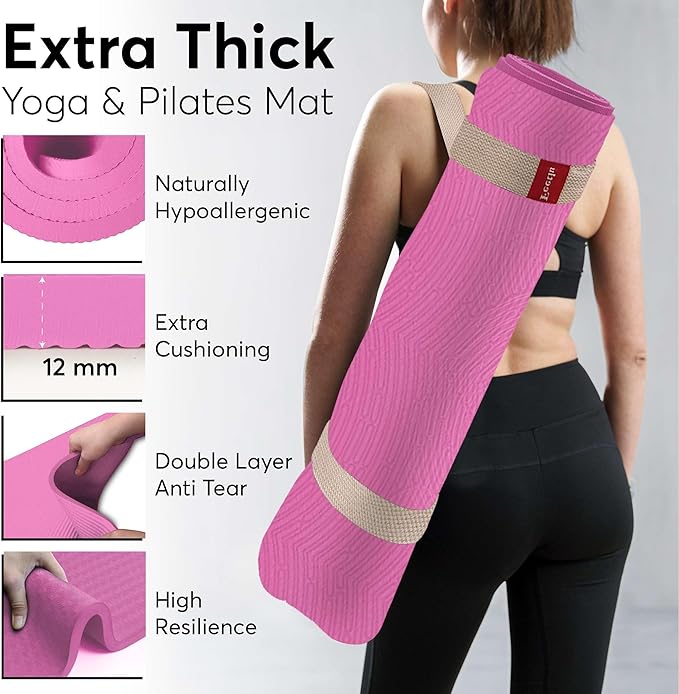 Extra Thick 12mm Exercise Mat – Non-Slip, Joint-Friendly & Cushioned Fitness Mat for Yoga, Pilates & Floor Workouts – Durable, Supportive & Includes Feetlu Classic Strap