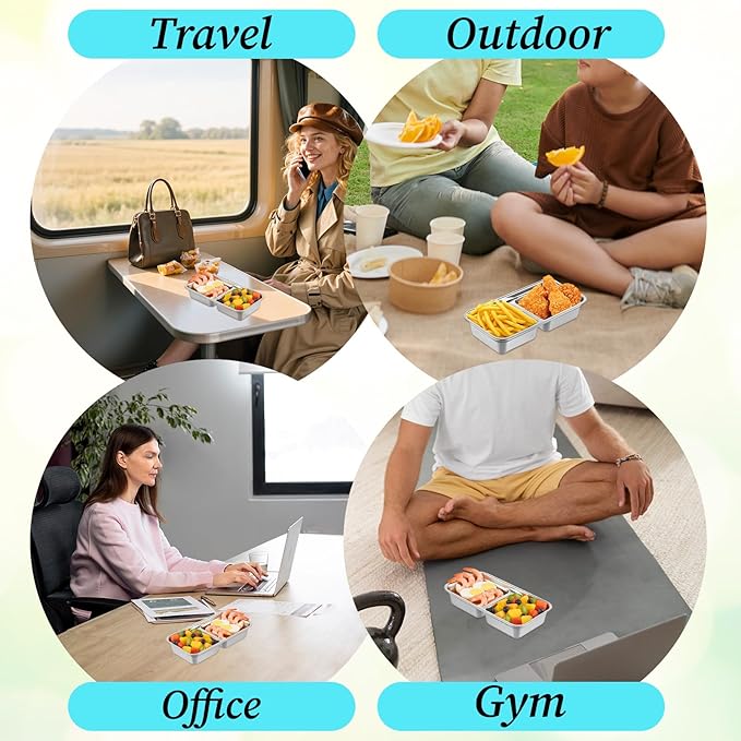 Stainless Steel Snack Containers with Lids, 6 Pcs Double Compartment Lunch Box Reusable Leakproof Condiment Box Dishwasher Safe for Travel Camping and Meal Prep