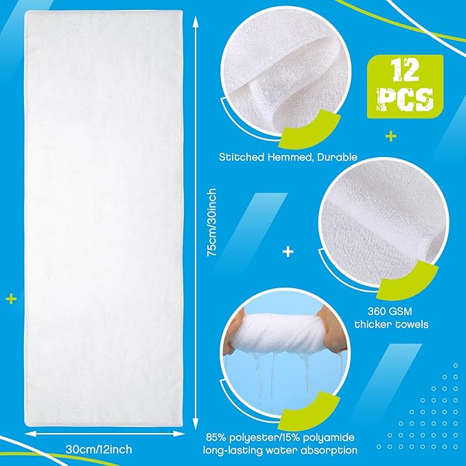 Handepo 12 Pcs Microfiber Workout Gym Towels, 360 GSM 12 x 30 Inch Gentle and Fast Drying Absorbent Towels for Men Women Yoga Travel Sports(White)