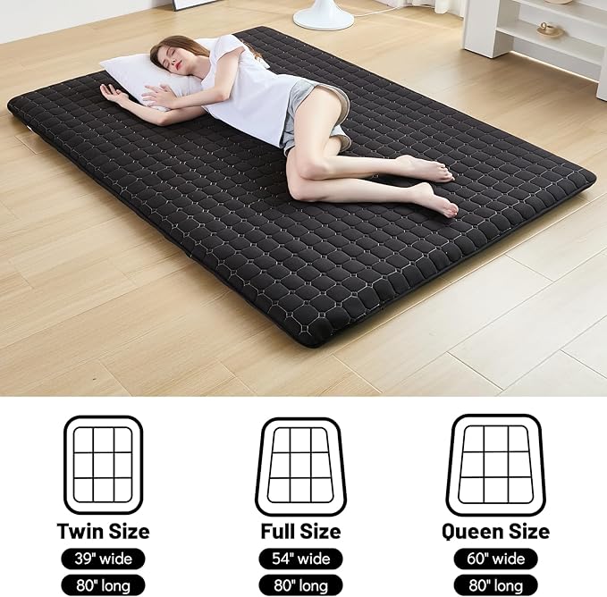 Japanese Floor Mattress Full, Anti-Slip Japanese Futon Foldable Tatami Mat for Guests, Black
