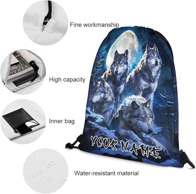 Custom Wolf Drawstring Backpack - Cute Cinch Sack, String Backpacks for Women Men Kids Boys Girls for Gym Outdoor Sports Travel Athletic Drawstring Bag - Lightweight/Foldable