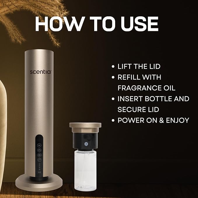 Max Diffuser for Home – Waterless Scent Diffuser with Wireless Control & Programmable Settings | Covers 1500 Sq Ft | Cold-Air Technology | Gold | Hotel Oils Included