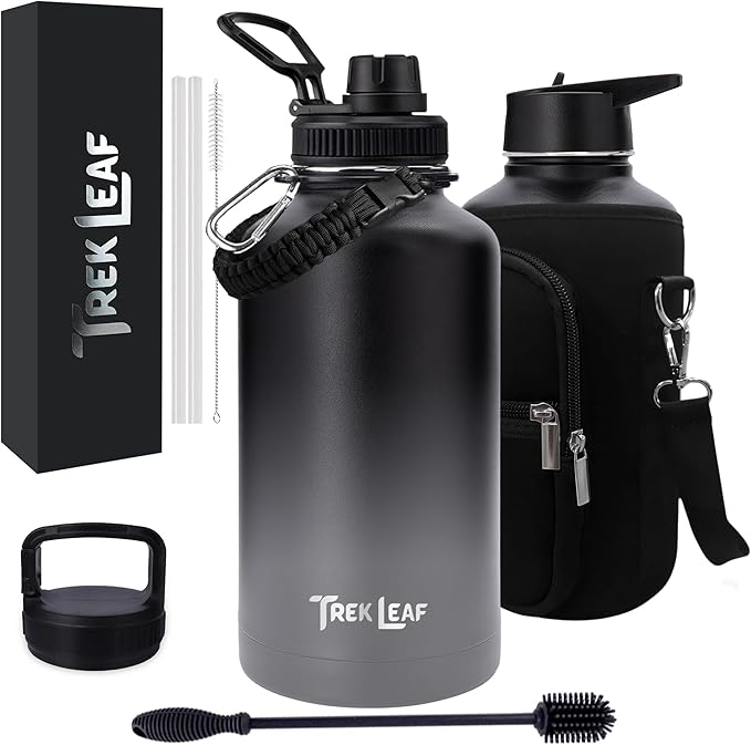 Travel Water Bottle with Carrying Bag, 3 Lids (Spout, Straw, Handle), and Bottle Brush; Leak Proof, Quality, Vacuum Insulated, Stainless Steel (Charcoal Fog, 64 oz)