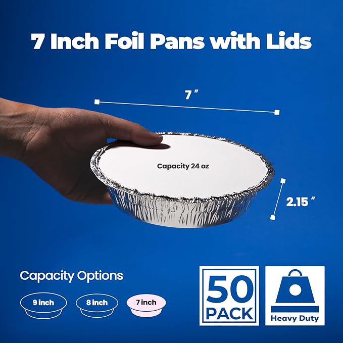 Fit Meal Prep 50 Pack 7” Round Aluminum Foil Pans with Lids, Pie Tins Disposable 7 inch with Lids, Take Out Containers, Freezer Oven Safe Aluminum Baking Pans for Storing, Cooking, Storage, Reheating