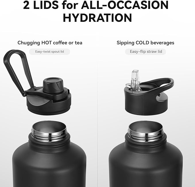 64 oz Insulated Water Bottle with Straw & Spout Lids, Stainless Steel Metal Half Gallon Water Jug with Paracord Handle, Double Wall Vacuum, Leakproof, Keep Drinks Cold & Hot, Black