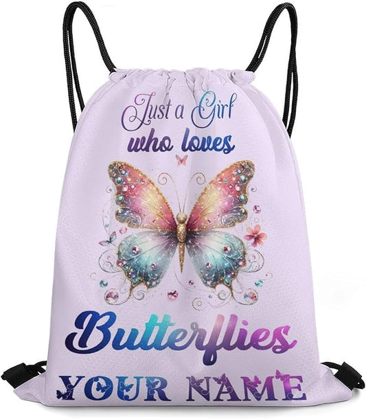 Custom Butterfly Drawstring Backpack - Cute Cinch Sack, String Backpacks for Kids Boys Girls Women Men for Gym Outdoor Sports Travel Athletic Drawstring Bag - Lightweight/Foldable