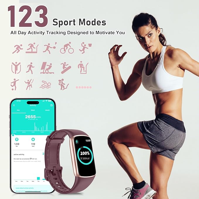 Fitness Tracker with 24/7 Heart Rate, Blood Pressure Blood Oxygen Sleep Monitor, 123 Sports Modes Calories Smart Watch,IP68 Waterproof Step Counter Activity Trackers Pedometer for Women Men (Bordeaux)