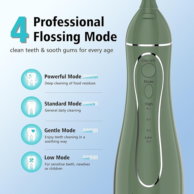 Leominor Water Dental Flosser Pick for Teeth, 300ML Portable Oral Irrigator Upgraded Tank Removable,IPX7 Waterproof, Rechargeable Travel Teeth Cleaner, Professional Electric Flossing Machine(O-Green)