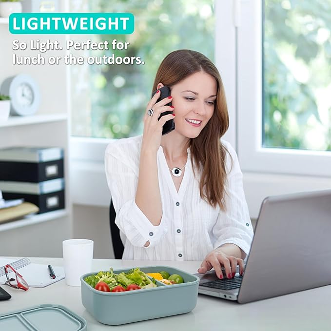 100% Silicone Bento Box Adult with 2 Compartments, 32oz, Reusable Divided Lunch Box Meal Prep Containers for Entree and Side Food Snack Storage, BPA-Free Plastic-Free, Microwave Dishwasher safe, Green