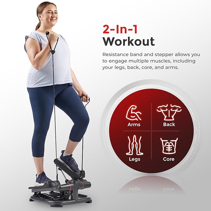 Sunny Health & Fitness 2-in-1 Premium Power Stepper with 400lbs Weight Capacity and Resistance Bands, Low-Impact Cardio, Space-Saving, Height-Adjustable, with Bluetooth and Free SunnyFit App