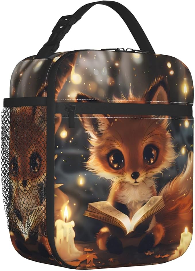 Fox Polyester Lunch Box for Kids Teen,Cute Reusable Thermal Lunch Bag for Adult Women,Animal Insulated Tote Cooler Bags for School,Work,Picnic,Travel,Magical Book-Loving Theme