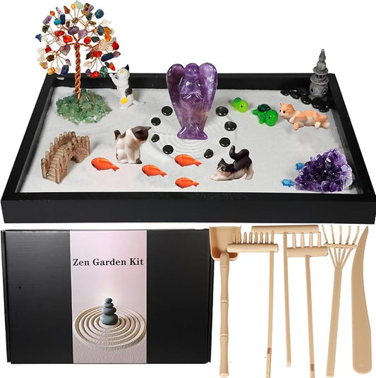 Zen Garden for Desk, with Crystals and Healing Stones & Cat Figurines, Miniature Meditation Sand Garden Stress Relief Desk Decor, Tools for Relaxation and Mindfulness