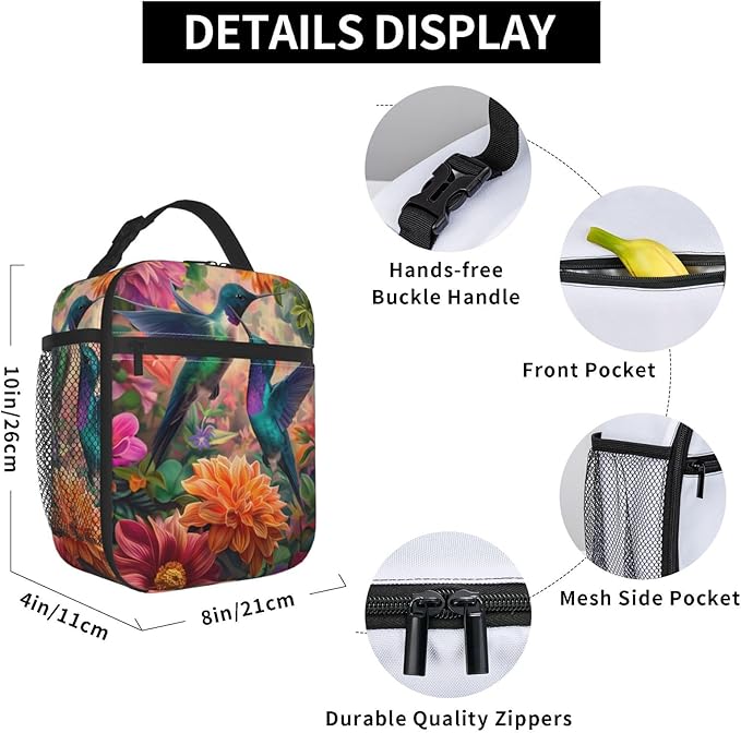 Insulated Lunch Box for Women Men, Hummingbird Floral Lunch Box Reusable Portable Lunch Bag Cooler Tote Waterproof Lunch Container for Office Picnic Work Travel Hiking,Hummingbird