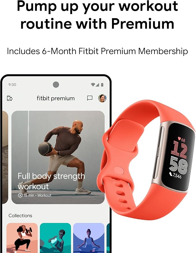 Fitbit Charge 6 Fitness Tracker with Google apps, Heart Rate on Exercise Equipment, 6-Months Premium Membership Included, GPS, Health Tools and More, Gold/Coral, One Size (S & L Bands Included)