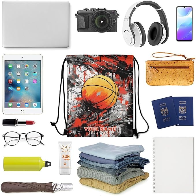 Custom Basketball Drawstring Backpack - Cool Cinch Sack, String Backpacks for Kids Women Men Boys Girls for Gym Outdoor Sports Travel Athletic Drawstring Bag - Lightweight/Foldable