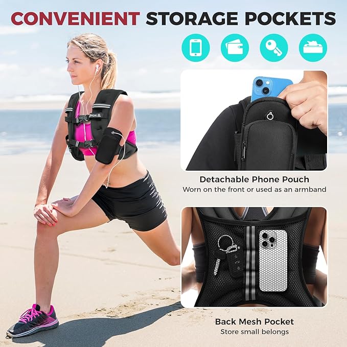 BAGAIL Weighted Vest, 5lbs/8lbs/10lbs/12lbs/15lbs/20lbs/25lbs/30lbs Weight Vest with Detachable Phone Pouch, Rucking Vest for Women, Men, Walking, Weight Loss, Training, Running
