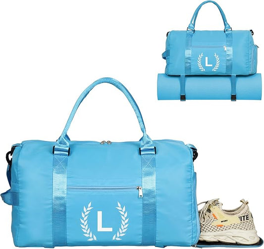 Gym Bag for Women, Personalized Duffle Bag with Shoe Compartment, Sports Bag for Yoga & Dance with Wet Pocket and Mat Strap(AquaBlue,L)