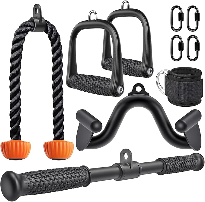 SELEWARE Triceps LAT Pulldown Attachments Home Gym Workout Accessories with Non-Slip Soft Rubber Grip Cable Machine Attachments Triceps Rope Double D Row Handle Pull Down Bar Straight Bar Exercise