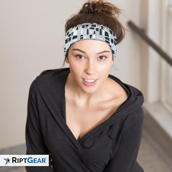 RiptGear Stretch Sport Headband for Women (Mosaic Black) — Made of Non-Slip Sweat Wicking Fabric — Great for Yoga, Running or The Gym — Soft Headband Fits Most Head Sizes — (1-Pack)