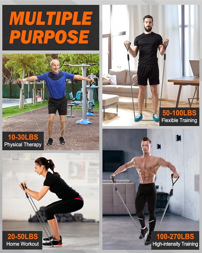 Zacro Resistance Bands for Working Out, 270 LBS Heavy Exercise Bands with Handles for Heavy Resistance Training, Home Gym Workout, Men/Women