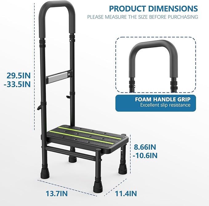 Step Stool with Handle for Elderly, Adjustable Handrail & Leg, Sensor Light, Medical Stepping Stools for High Bed Mobility & Daily Living Aids, Bedside Car Stair Lift for Senior Adults 450lbs