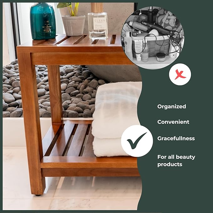Teak Shower Bench 30 Inch – Fully Assembled Wooden Bench with Shelf, Water-Resistant, Non-Slip Adjustable Feet – Indoor Spa, Garden, or Bathroom Use
