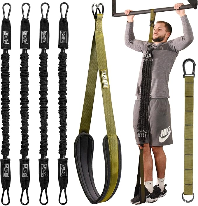 Pull Up Assistance Bands Set - 4 Heavy-Duty Pull Up Bands, Height Adjustable Strap & Comfortable Foot Strap - Stackable Pull Up Resistance Bands for Pull Ups