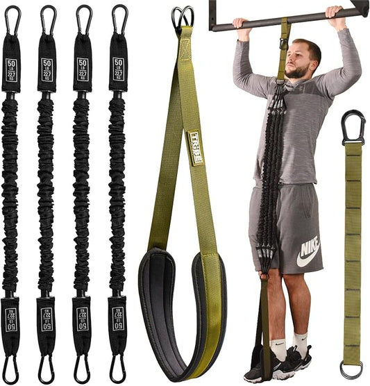 Pull Up Assistance Bands Set - 4 Heavy-Duty Pull Up Bands, Height Adjustable Strap & Comfortable Foot Strap - Stackable Pull Up Resistance Bands for Pull Ups