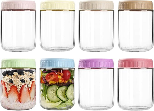 Overnight Oats Containers with Lids, 16oz Glass Jars with Lids 8 pcs, Wide Mouth Mason jars for Salad, Yogurt, Snacks, Meal Prep