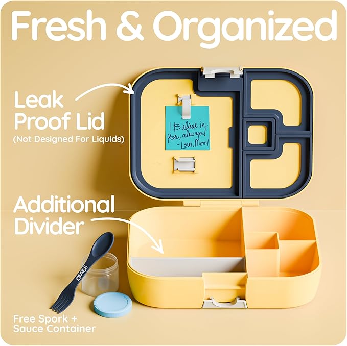 YOOPI Bento Box for Kids, Leak-Proof, BPA-Free School Bento Lunch Box Containers with Compartments. Online Healthy Meal Planning, Durable, Easy-Clean, Eco-Friendly Lunchbox for Boys & Girls (Yellow)