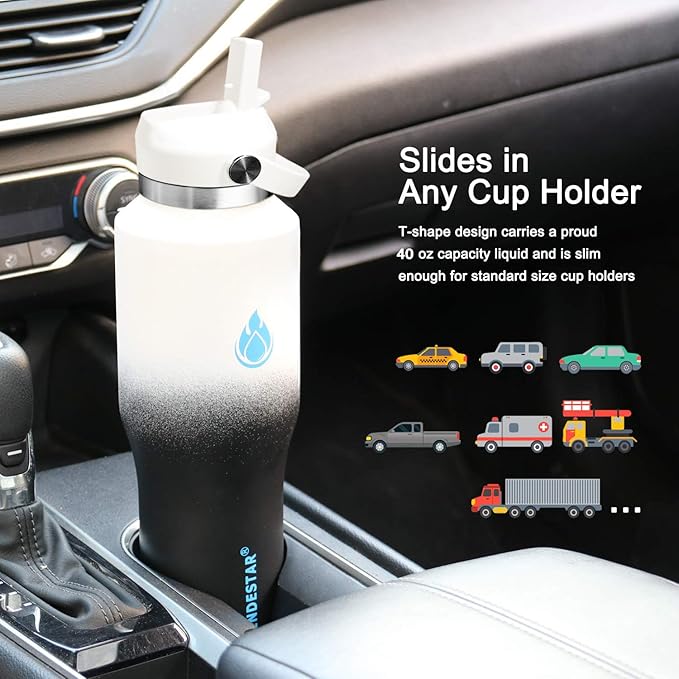 SENDESTAR SENDESTAR 40oz Stainless Steel Water Bottle(Cold for 48 Hrs, Hot for 24 Hrs),Double Wall Vacuum Insulated Bottle with Straw Lid, Spout Lid and Flex Cap, Fit in Any Car Cup Holder