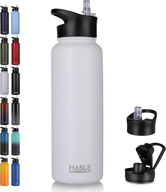 HASLE OUTFITTERS 40oz Stainless Steel Water Bottle, Vacuum Insulated Double Walled Leak Proof Sports Water Bottle with 2 Lids (Straw and Spout Lid) Thermo Mug Keep Cold and Hot(White,1)