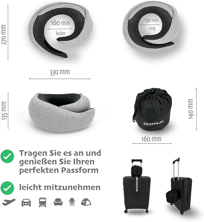 Ergonomic Travel Neck Pillow with Stowable Hood,Neck Pillow Airplane,Premium Memory Foam,360º Contoured Design,Washable Cover,Complete Travel Set,Ideal for Airplane,Car and Office