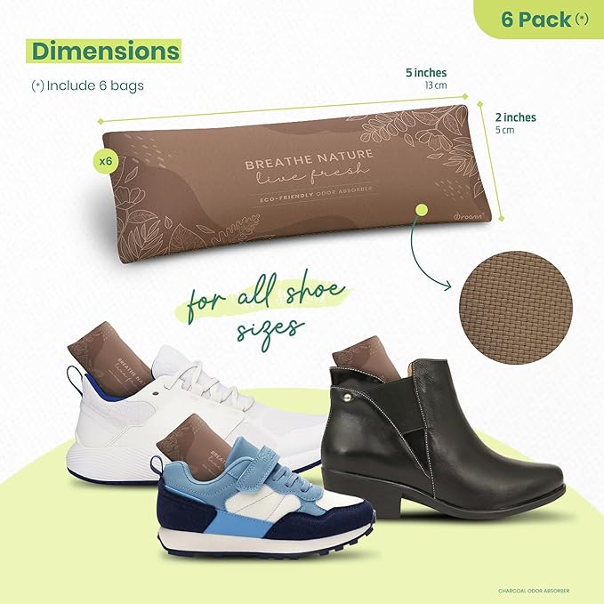Roonin Shoe Deodorizer Insert - Shoe Odor Elimination - Activated Charcoal Odor Absorber - Odor Eliminator For Shoes - Shoe Freshener - Boot Deodorizer (6-pack)