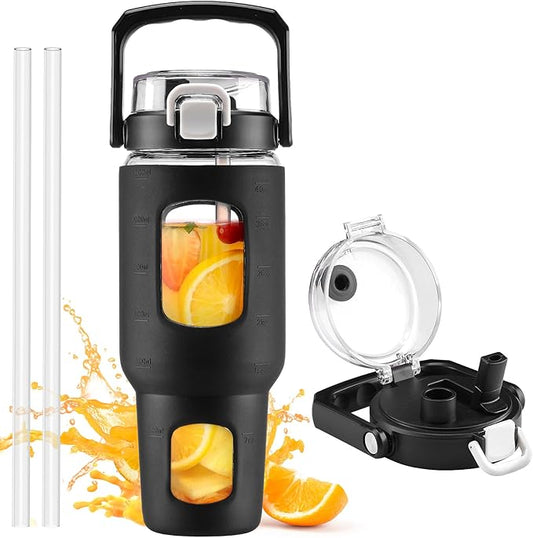 BLUEGO 40oz Glass Tumbler with Lid and Straw, Glass Water Bottles with Handle, Glass Cup with Time Marker and Silicone Sleeve, Fits Most Cup Holder, Leak-proof, Black