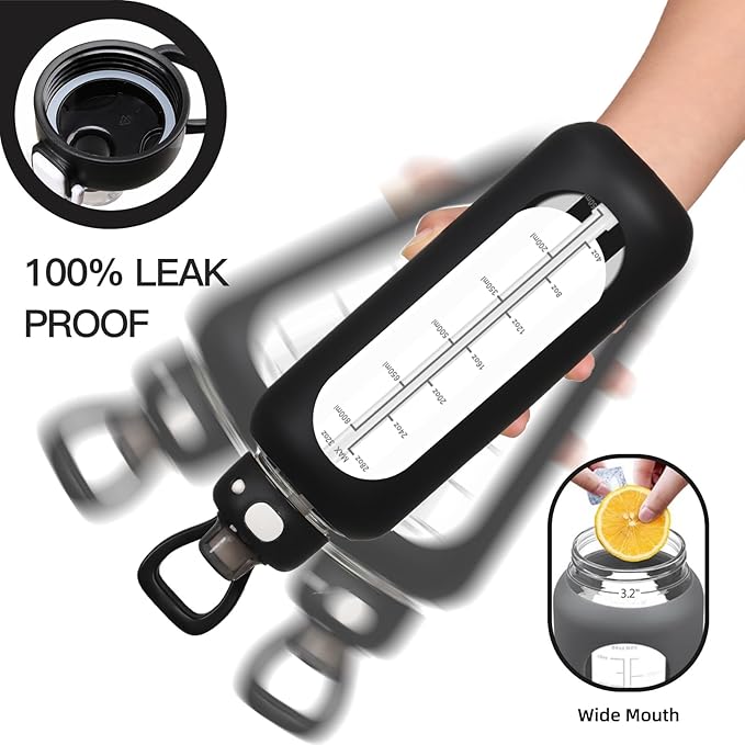 SIEROZUR 32 Glass Water Bottle with Straw and Handle Motivational Water Bottles with Silicone Sleeve and Time Marker Leakproof Borosilicate Water Bottle for Gym Home Office